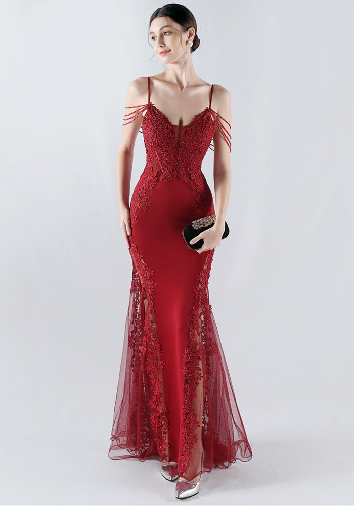 Sexy Strap Rhinestone Chain Fishbone Lace Evening Dress