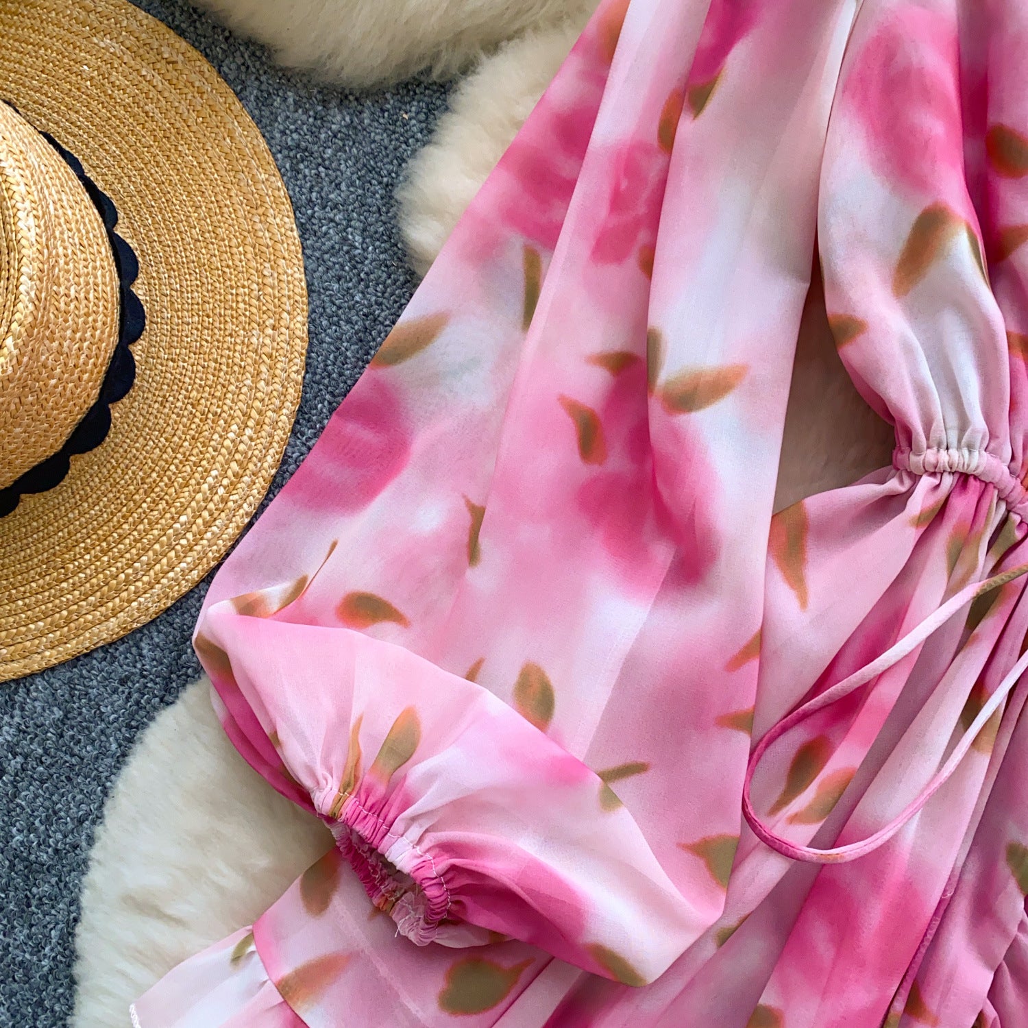 Holidays Style Women's Lace Up Slim Waist V neck Lantern Sleeve Ruffled Floral Short Dress 8