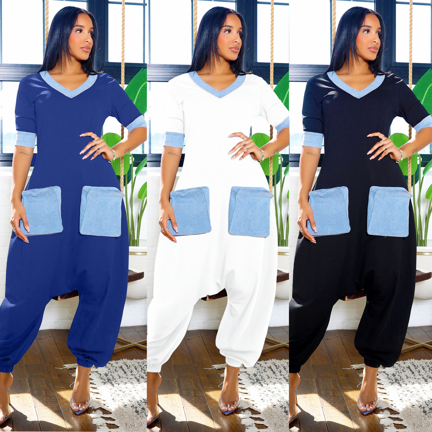 Women Casual Career V-Neck Patchwork Contrast Stretchy Denim Jumpsuit 8