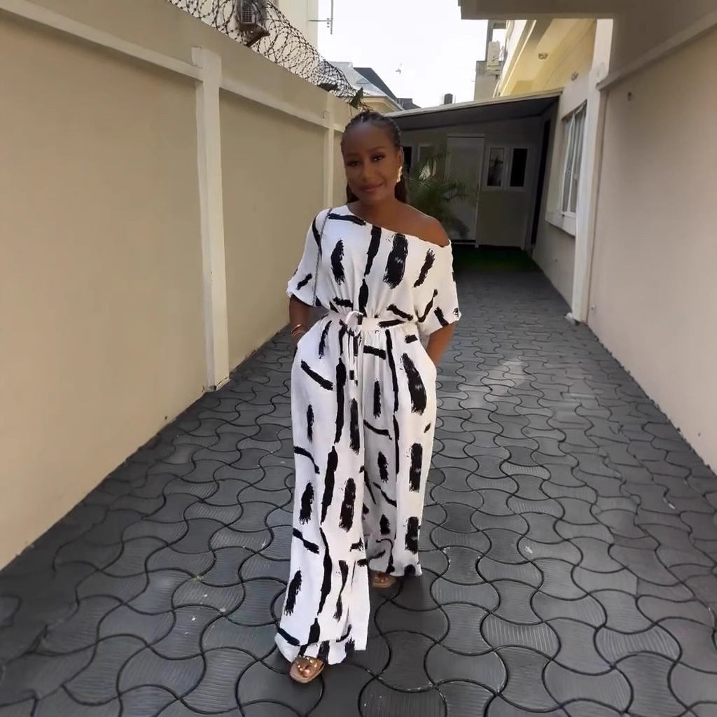 Plus Size Women Summer Off Shoulder Printed Short Sleeve Jumpsuit 5