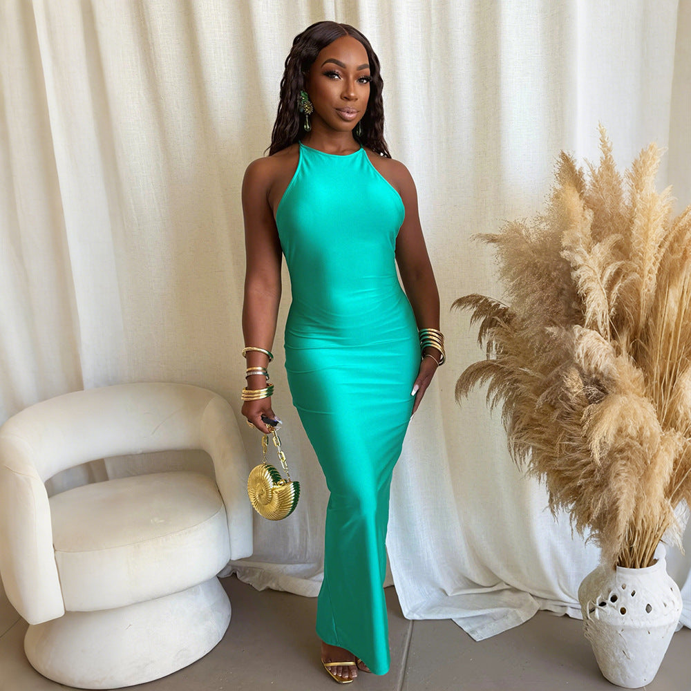 Women's Slim Fit Halter Neck Solid Color Long Dress