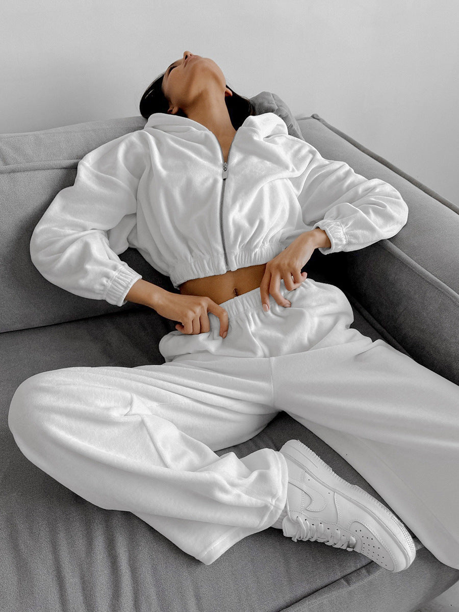 Women Autumn and Winter White Casual knitting velvet Hooded Long Sleeve Top and Pants Two Piece Set 3