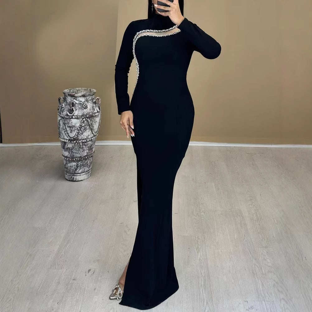 Women Black Elegant Mesh Diamond Split Dinner Long Sleeve Bandage Dress
