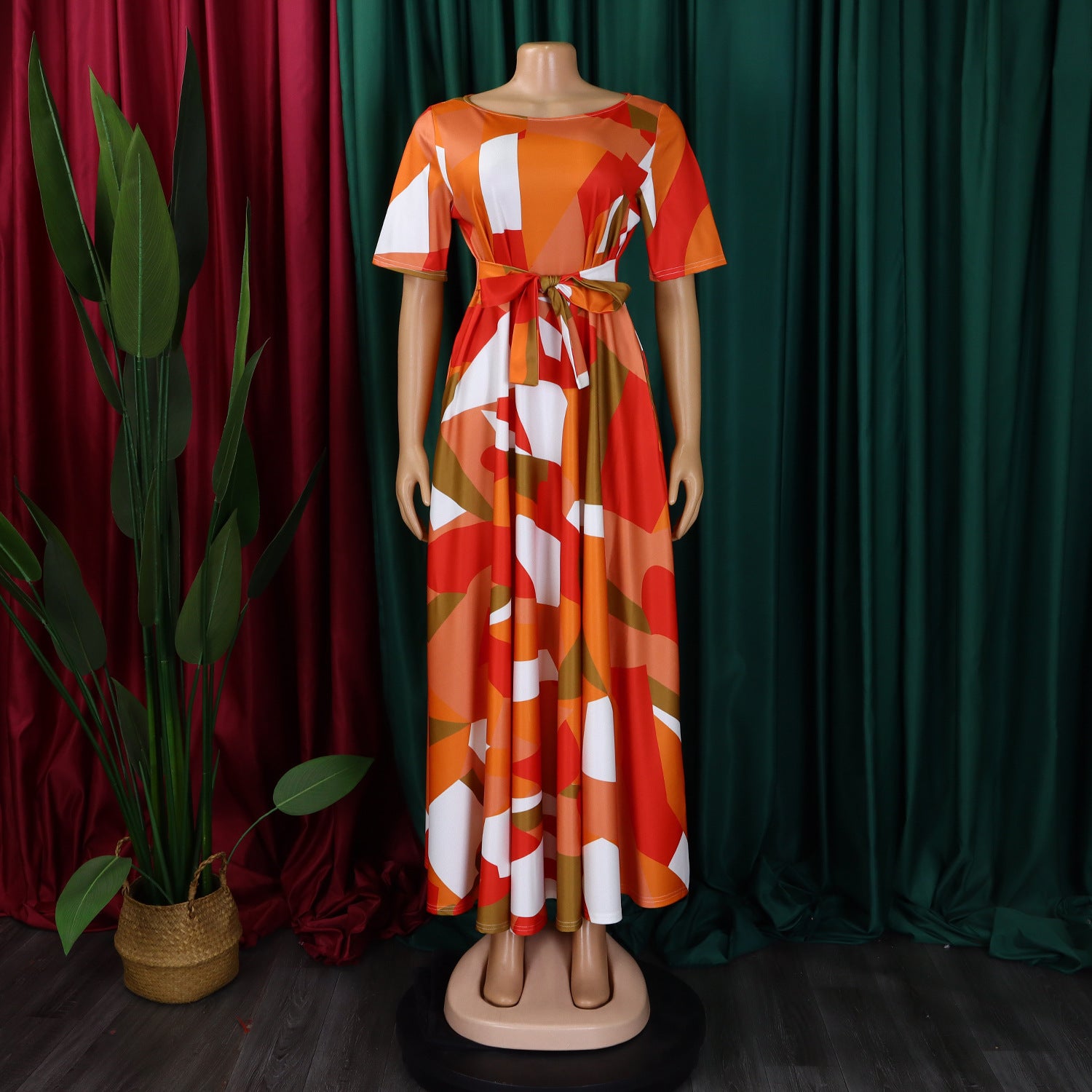 Women's Fashion Chic Tie-Waist African Plus Size Short Sleeve A-Line Dress 37