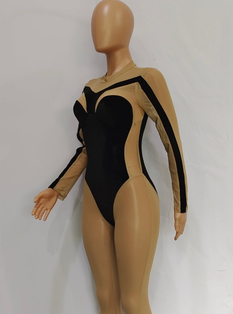 Women Summer Black Velvet and Mesh Patch Long Sleeve Sexy Jumpsuit 4