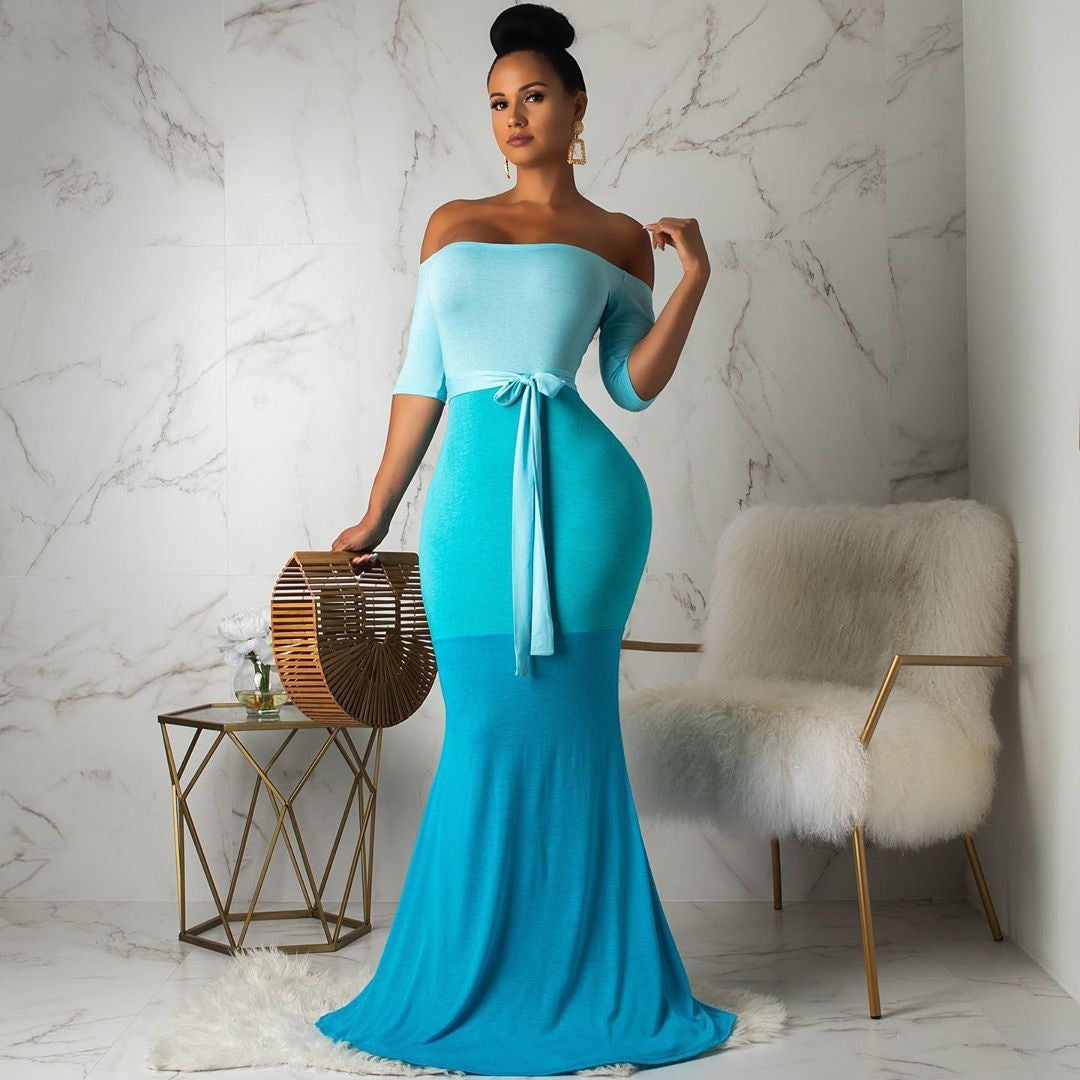 Women's Sexy Fashionable Off Shoulder Three-Color Patchwork Mermaid Maxi Dress 6