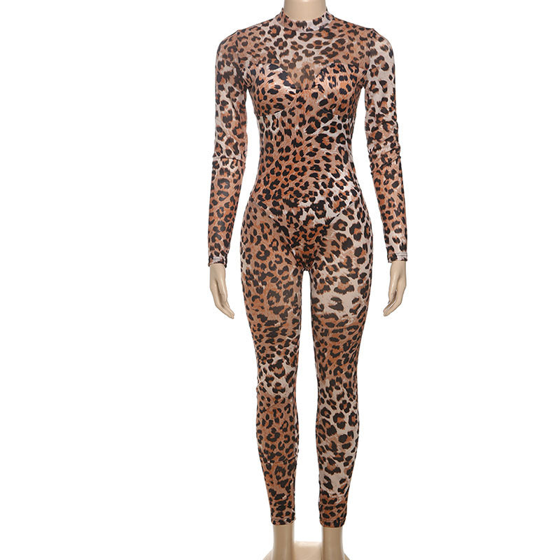 Women Spring Summer Sexy Mesh Leopard Bodycon Jumpsuit 7