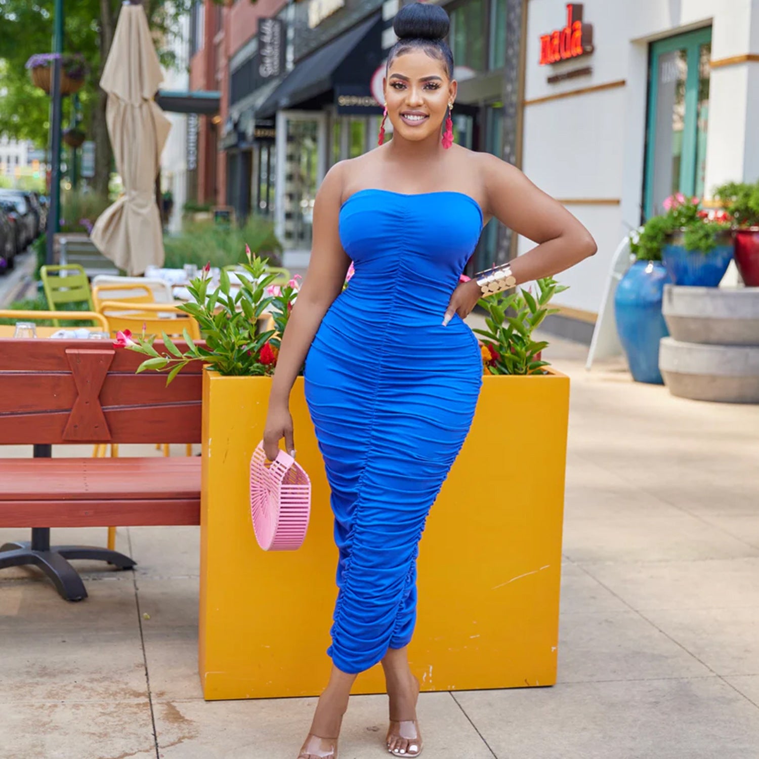 Women sexy chest wrap pleated Solid Maxi Dress 5