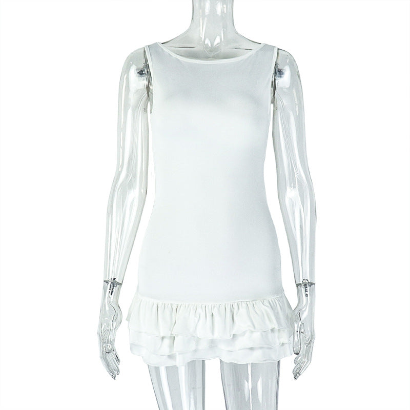 Women Sleeveless Round Neck Solid Career Pleated Mini Dress 8