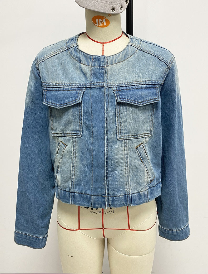 Spring Women's Slim Short Denim Coat Multi-Pocket Jacket 9