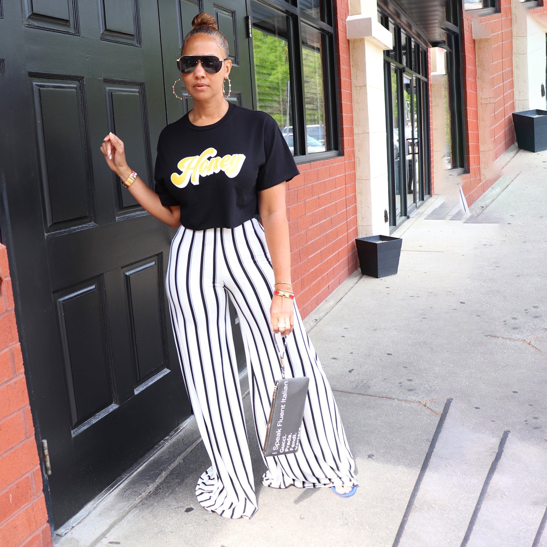 Women's Striped Print Loose Wide Leg Pants Straight High Waist Slim Fit Casual Pants 4