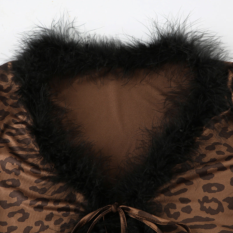 Fashionable Sexy Fur Patchwork Leopard Print Long-Sleeved Top Slim Mini Skirt Two-Piece Set 12