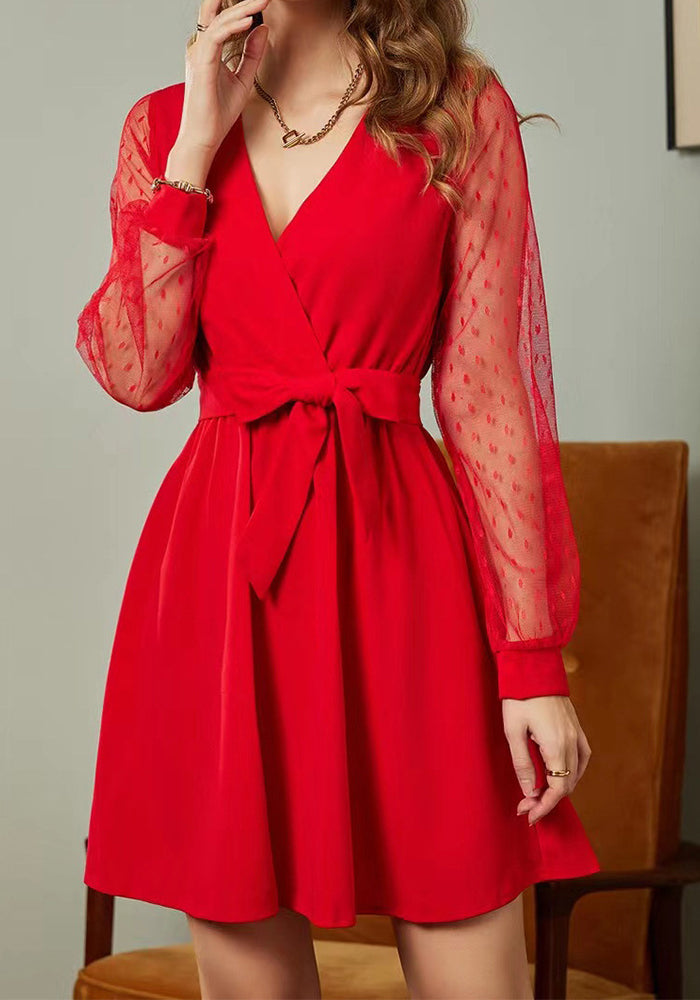 Women Lace V Neck Long Sleeve Dress