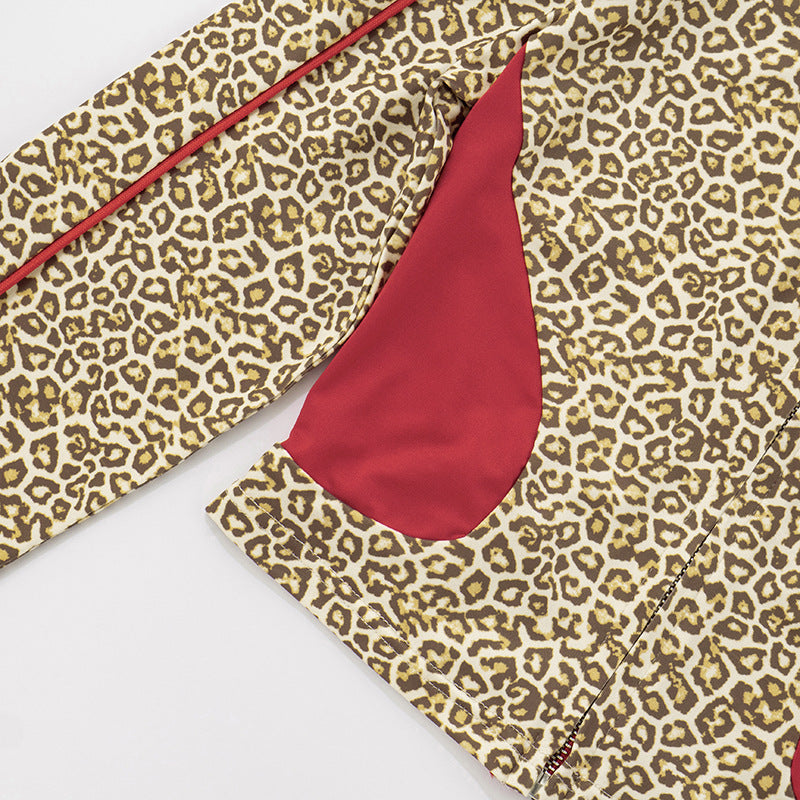 Women's Leopard Print Color Block Long Sleeve Zipper Coat Drawstring Shorts Two-Piece Set 16