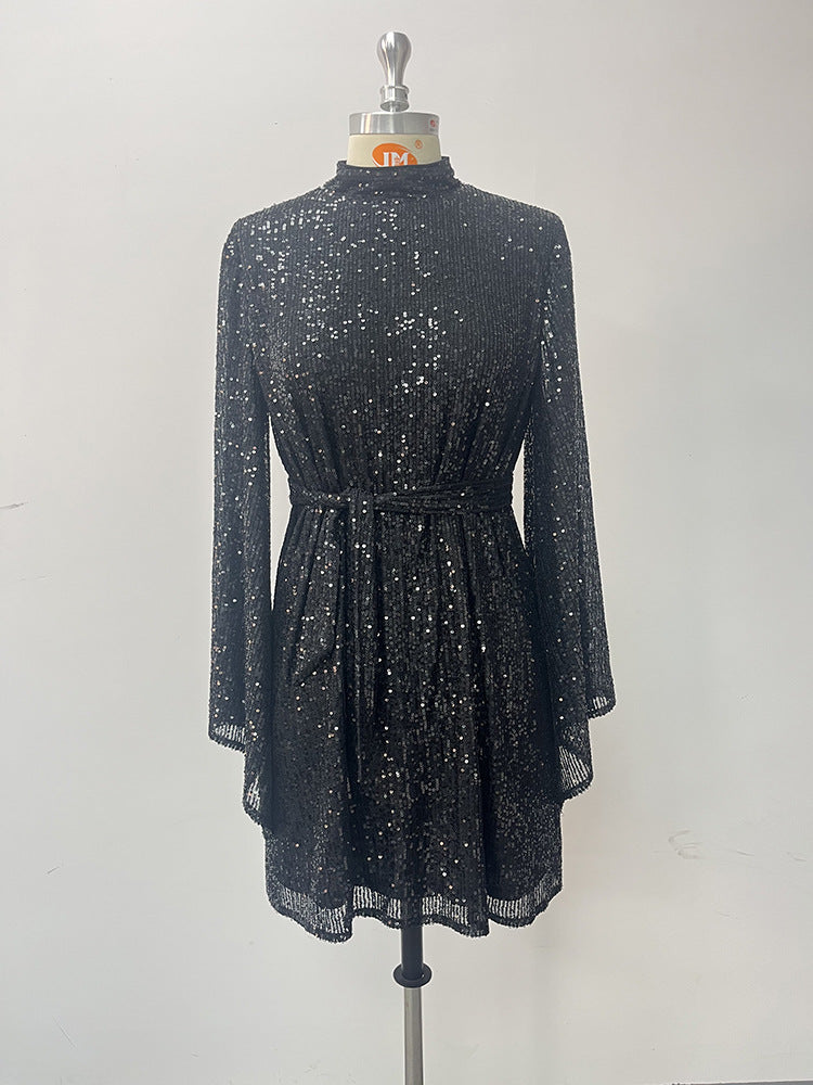 Women Turtleneck Bell Bottom Sleeve Sequined Black Cocktail Dress 7