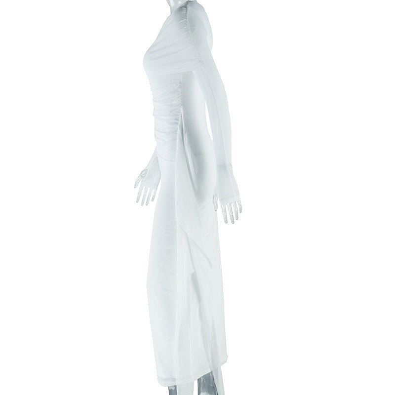 Women's Solid Color Sexy slash Shoulder Long Sleeve Mesh Patchwork Chic dress 6