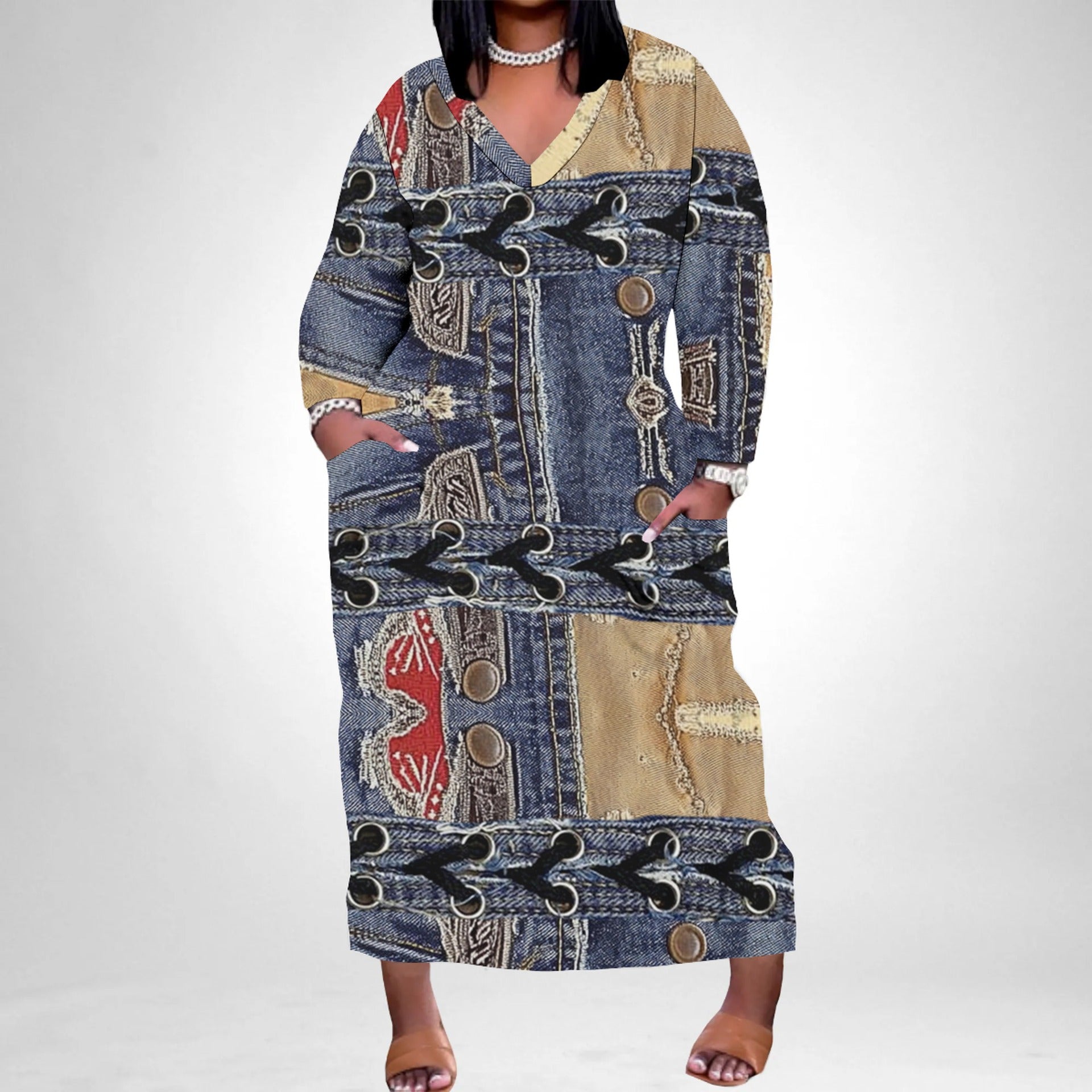 Women's Casual Printed Long Sleeves Plus Size Dress 6