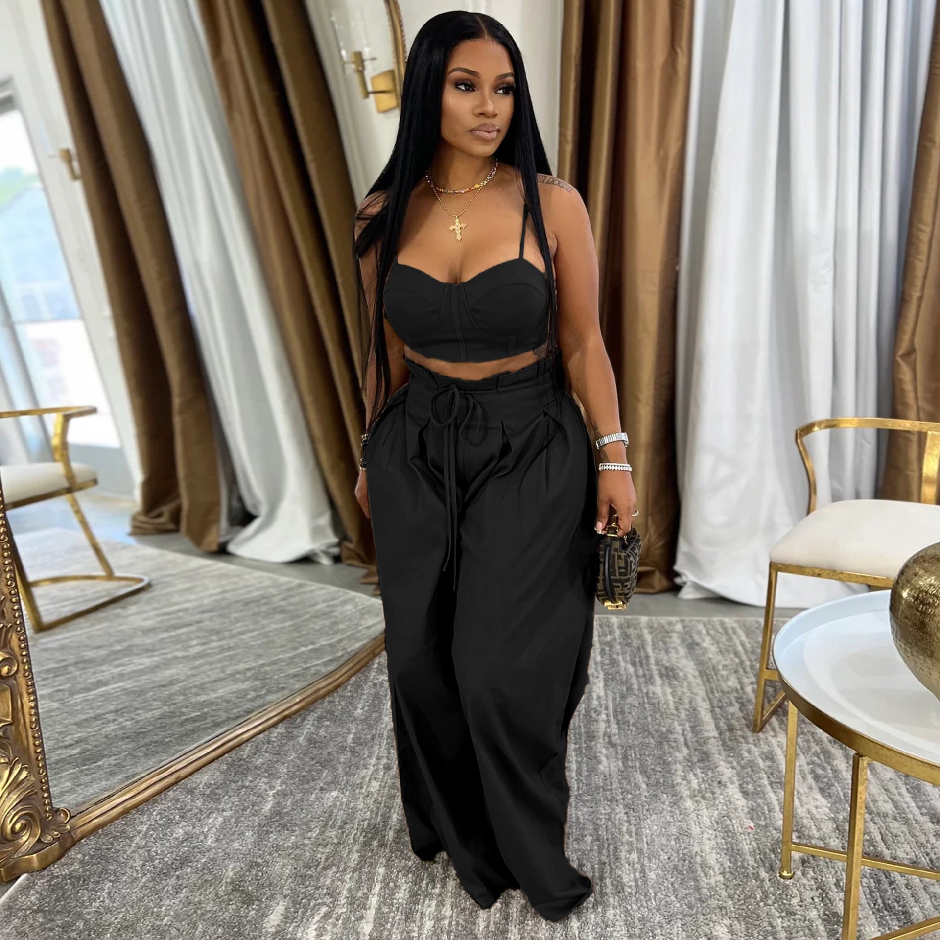 Women Plunging tank top Solid Lace-Up wide-leg pants two-piece set 4