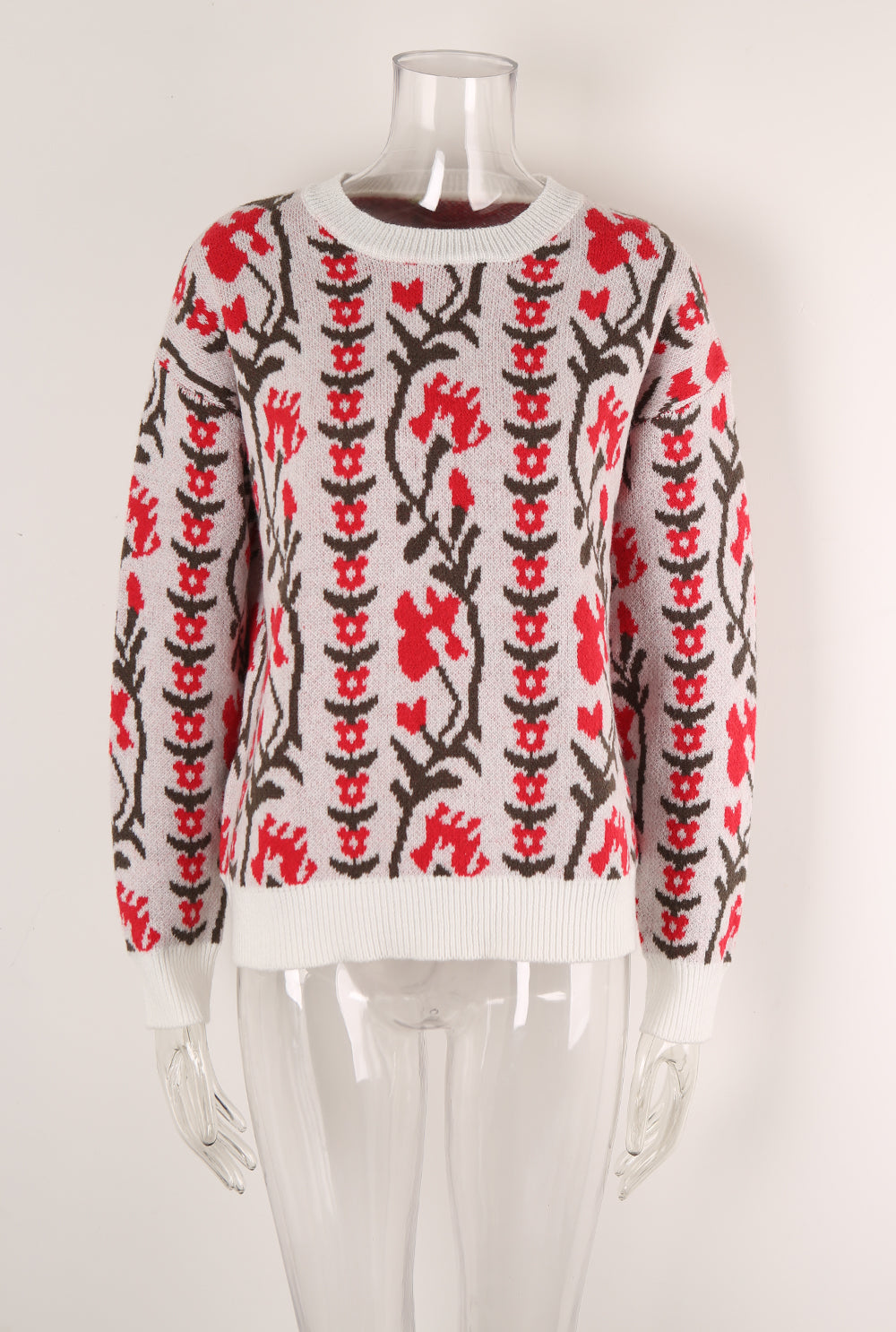 Women Jacquard Branch Round Neck Floral Sweater 8