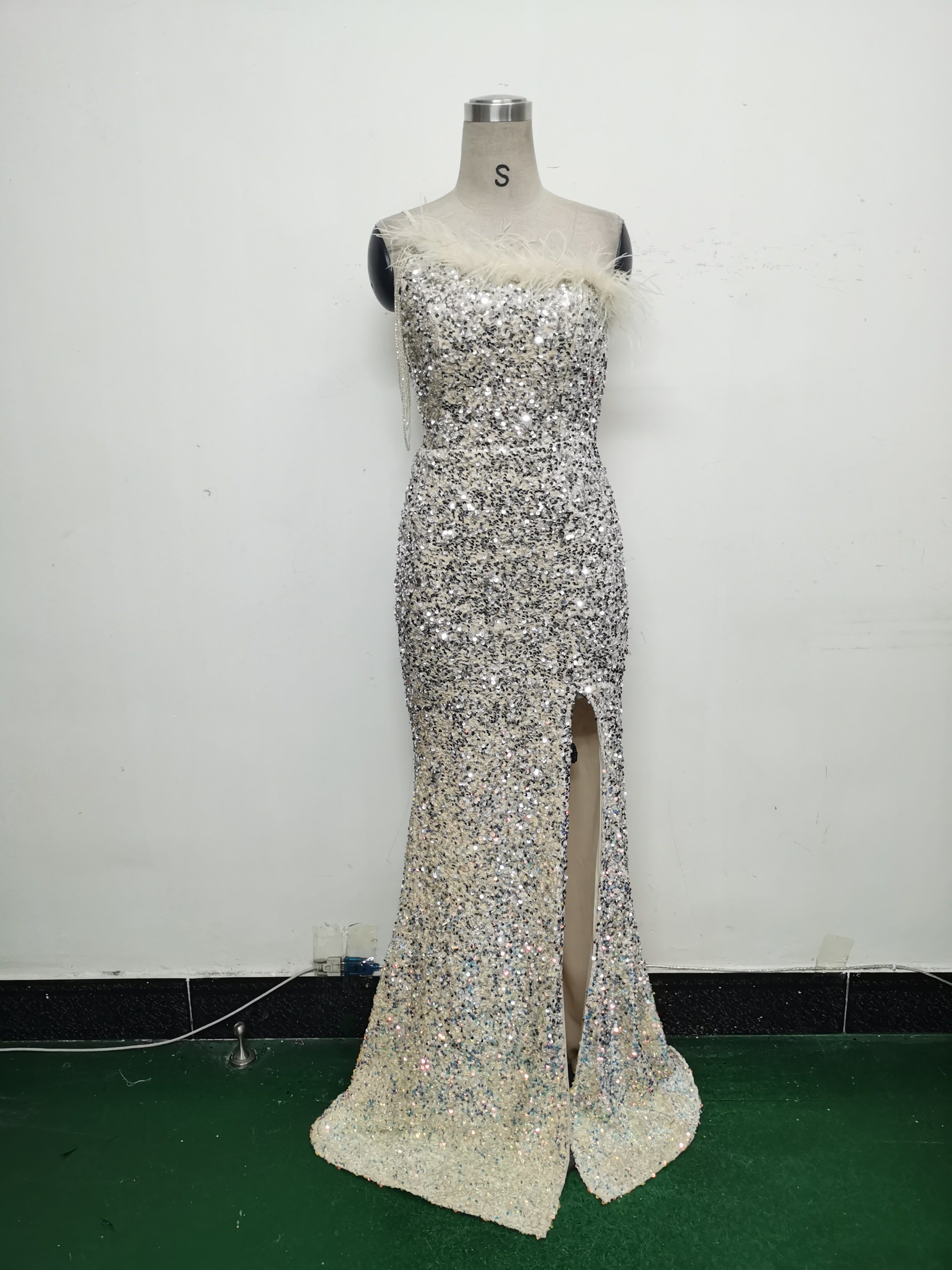 Women Ostrich Feather Beaded Sequin One Shoulder Slash Shoulder Slit Evening Dress 19