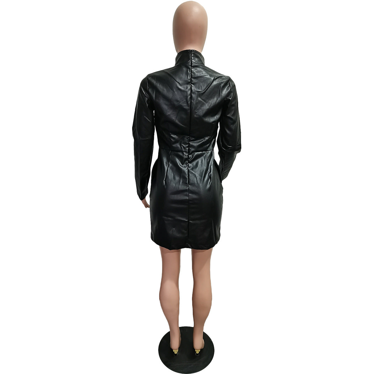 Women Solid Color Pu Leather Long Sleeve Pocket Zipper Dress 10
