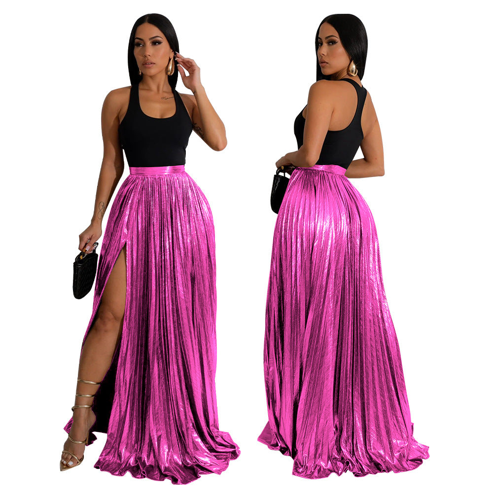 Women Solid High Waist Pleated Slit Skirt