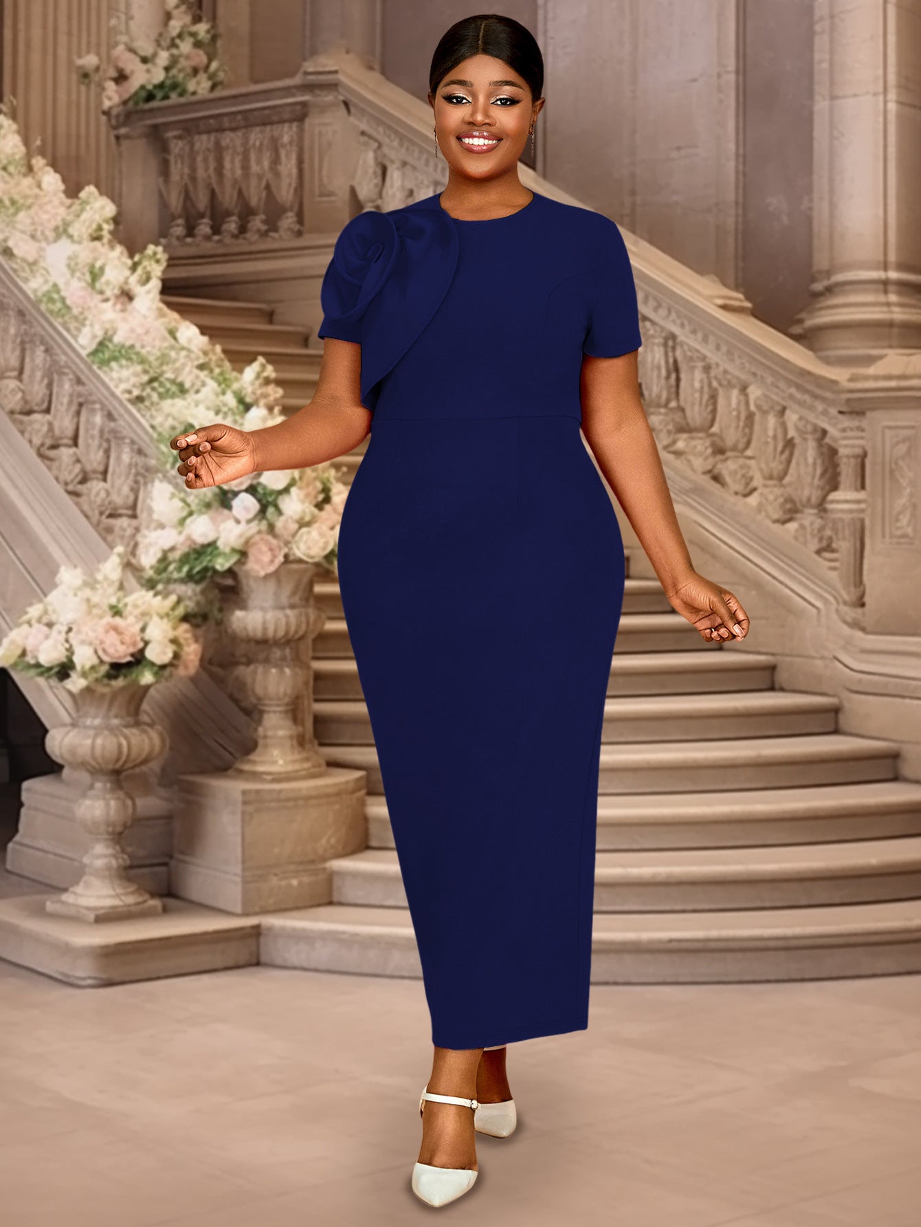 Plus Size Women Solid Flower Dress 3