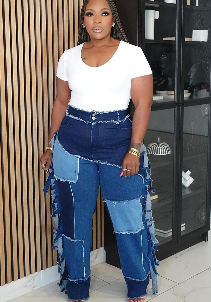 Women patchwork Colorblock Tassel Denim Pants