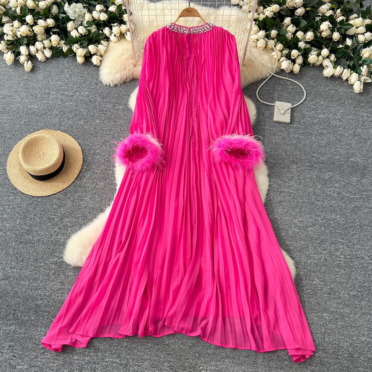 Women Round Neck Diamond Furry Patchwork Pleated Elegant Solid Dress 15
