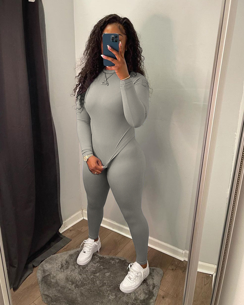 Women'S Two-Piece Set Autumn Winter Solid Color Ribbed Slim Long Sleeve Two Piece Trouser Set 7