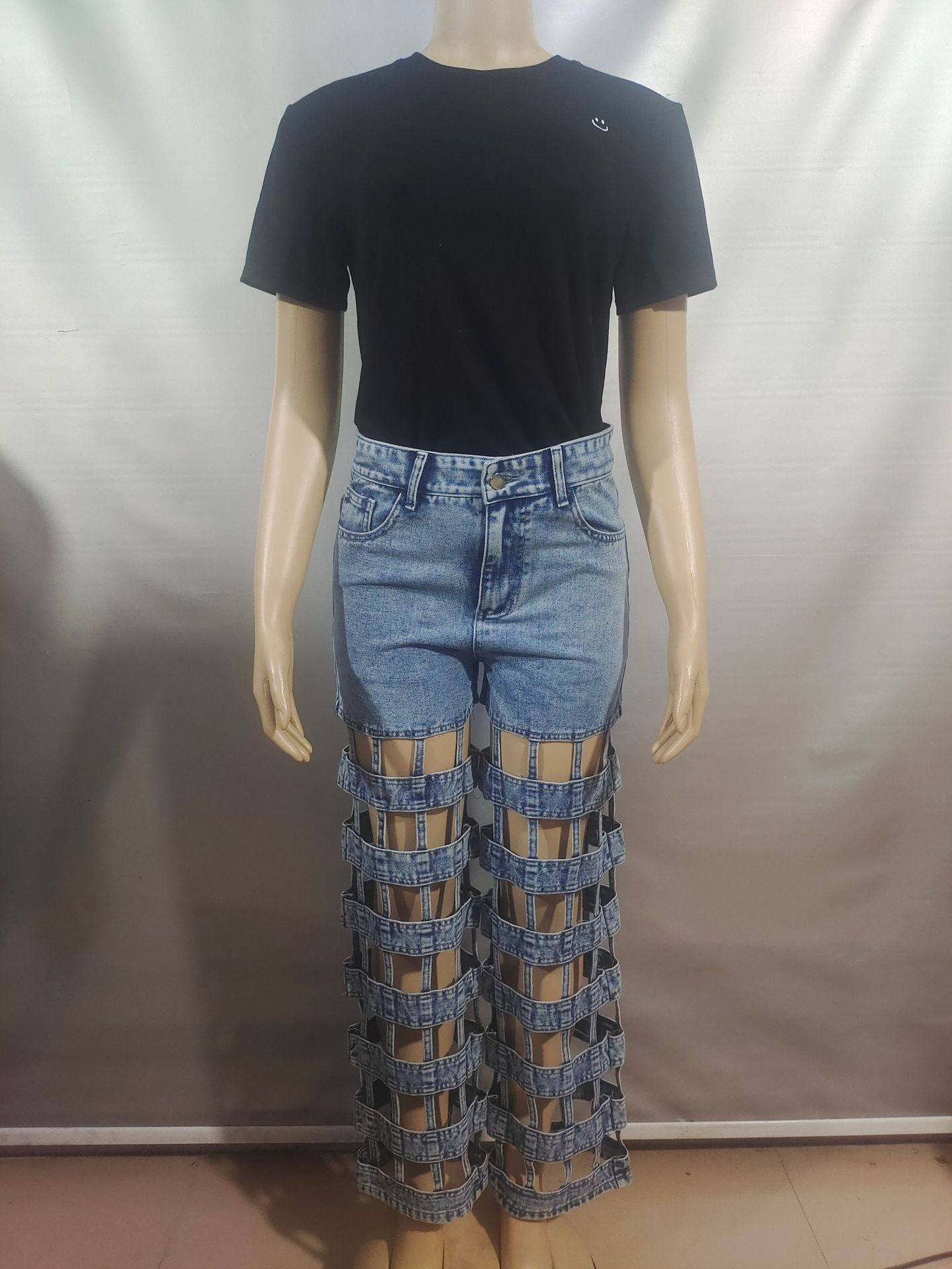 Ripped Denim Street Fashion Hollow High-Waist Straight Pants for Women 6