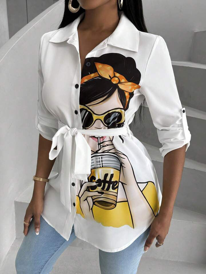 Women cartoon printed shirt (including belt) 6