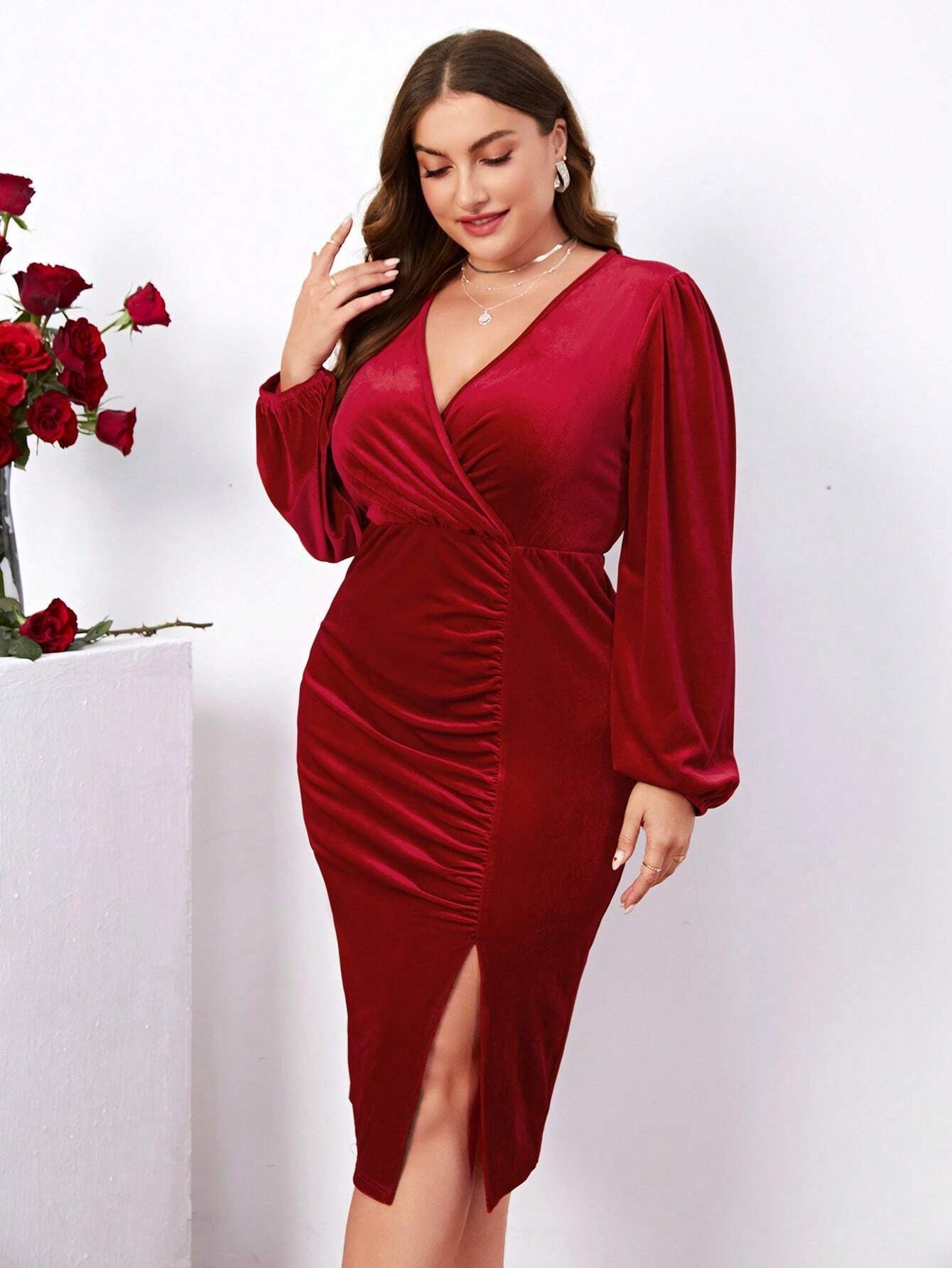 Plus Size Women Winter Sexy V Neck Bodycon Slit Long Sleeve Velvet Dress 4