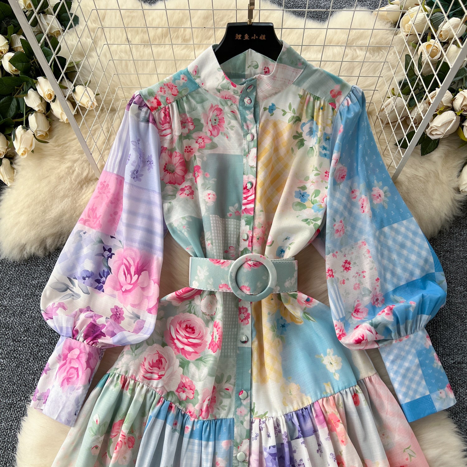 Women Stand Collar Lantern Long Sleeve Ruffle Printed Dress 14