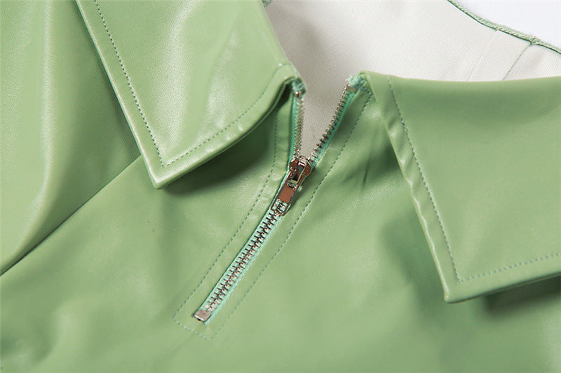 Women summer Slash Shoulder one shoulder Tank Top and straight trousers pu Leather two-piece set 8