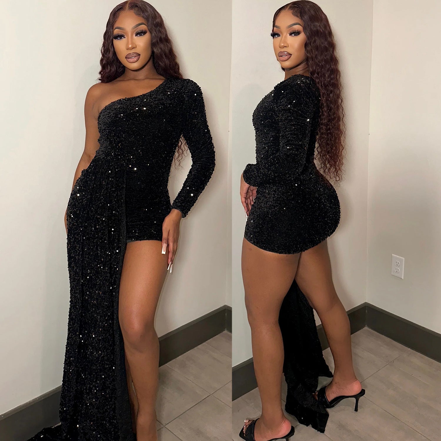 Women Sexy One Shoulder Long Sleeve Sequin Dress