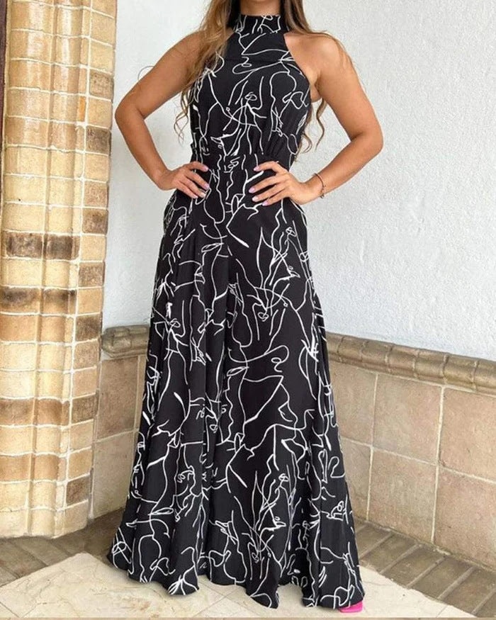 Summer Women Elegant Lace-Up Sleeveless Halter Neck Print Jumpsuit 6