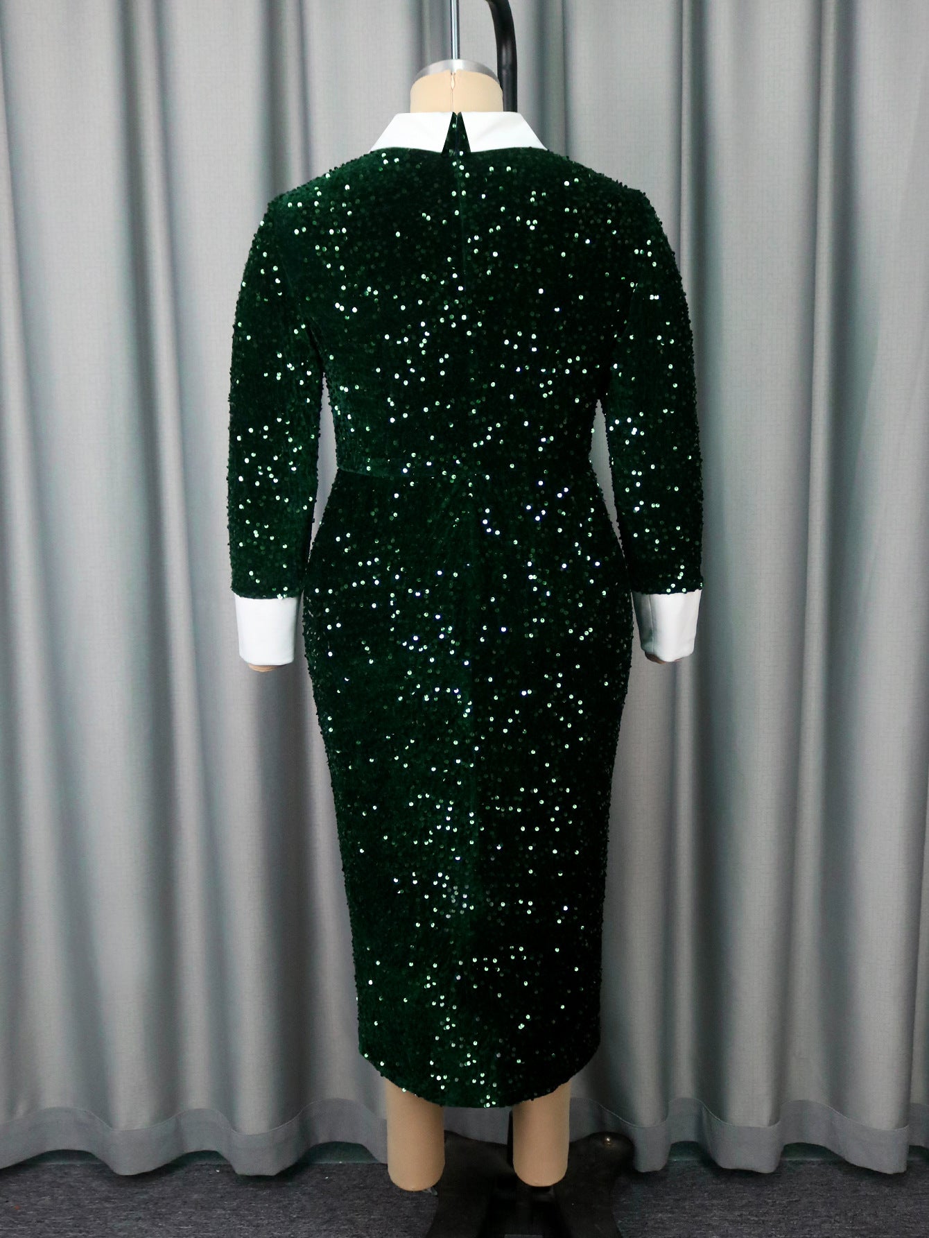 Women's Christmas Velvet Sequins Formal Party Dress Color Block Turndown Collar Long Sleeve Bodycon Dresses 6