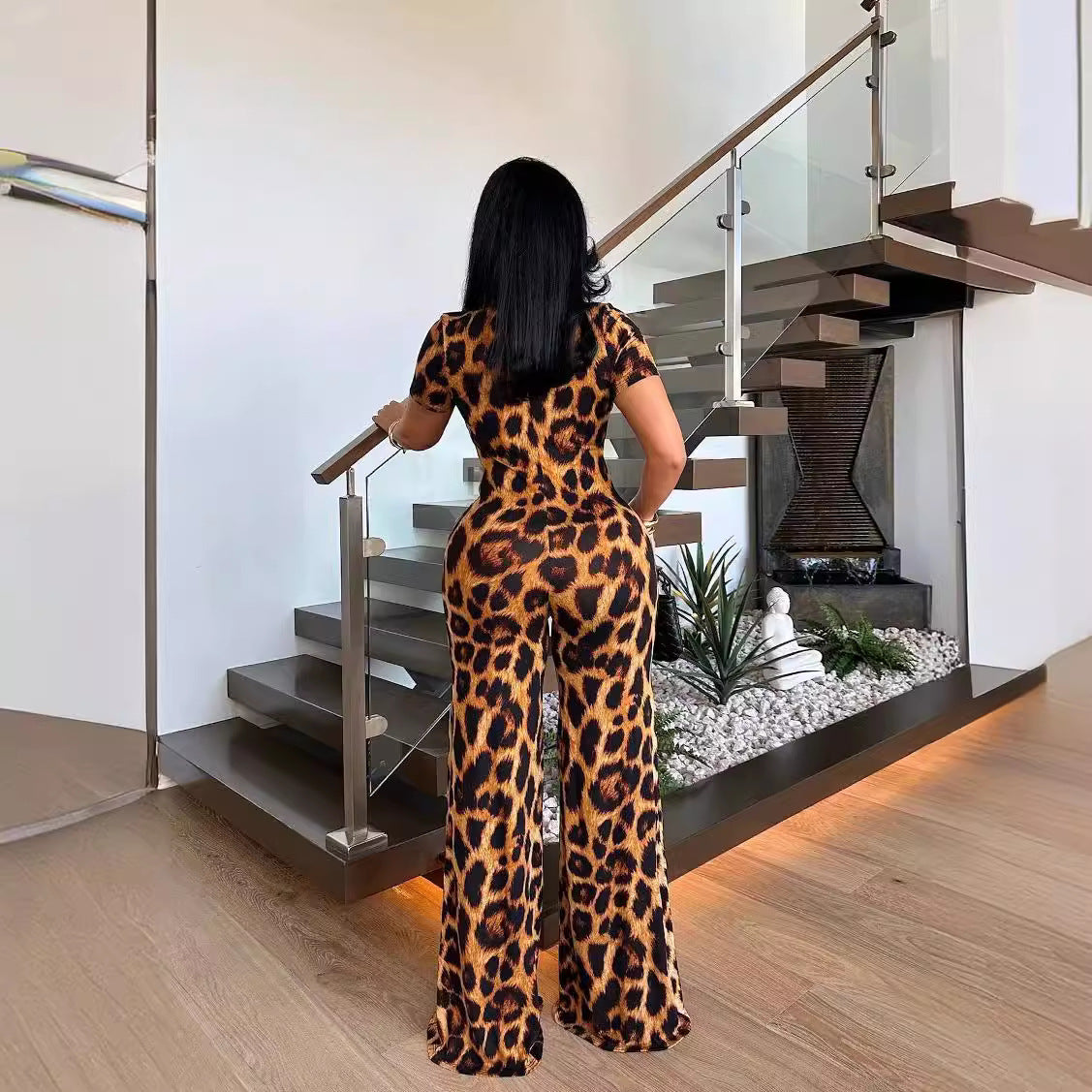 Summer Women Leopard Print Tie-Drawstring Chest Wide Leg Jumpsuit 3