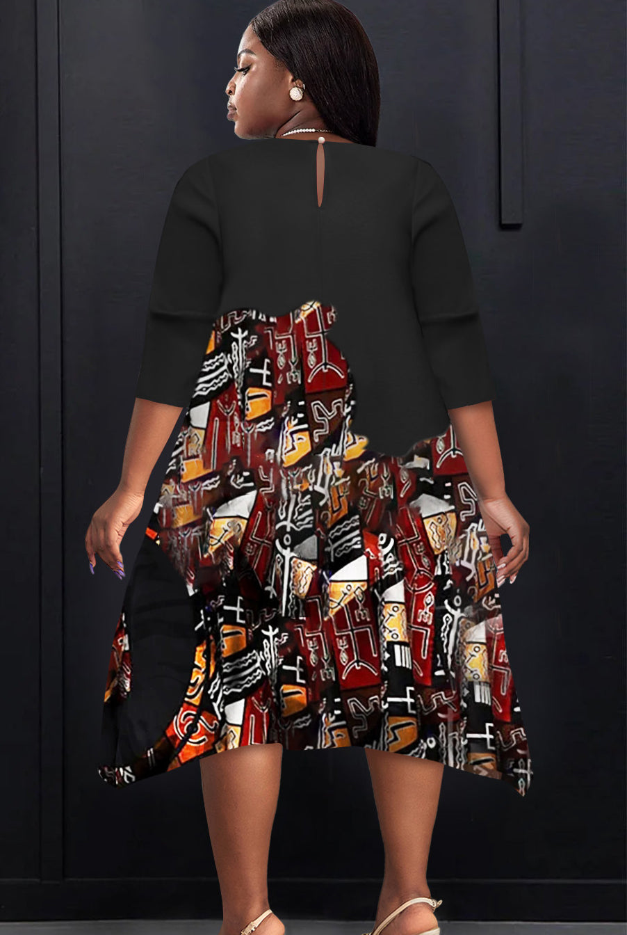 Women Round Neck Casual Contrast Print Dress 6