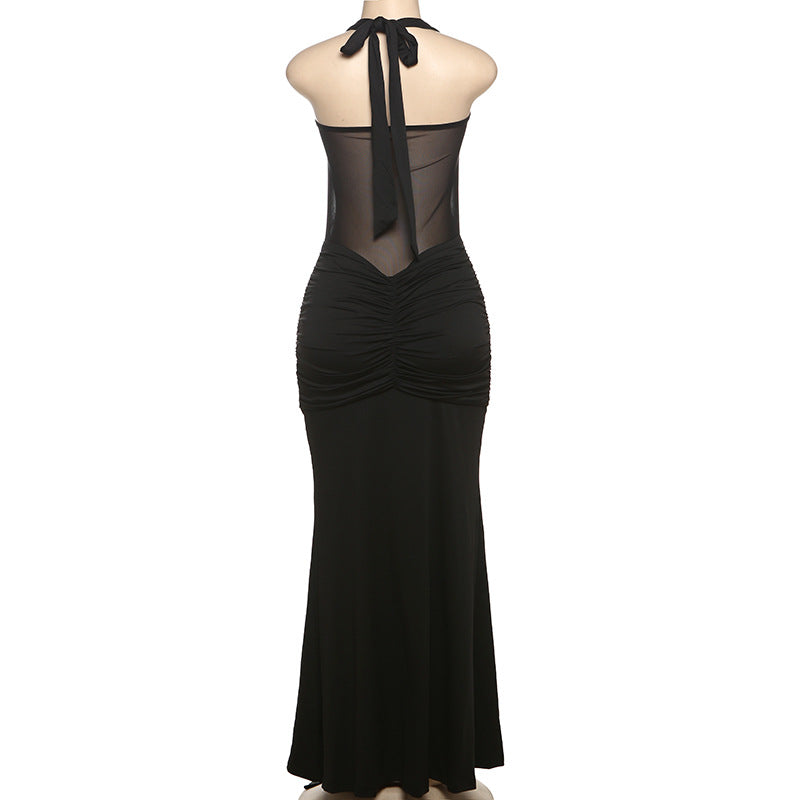 Women Halter Neck Lace Solid Mesh See-Through Sexy Ribbon Maxi Dress 8