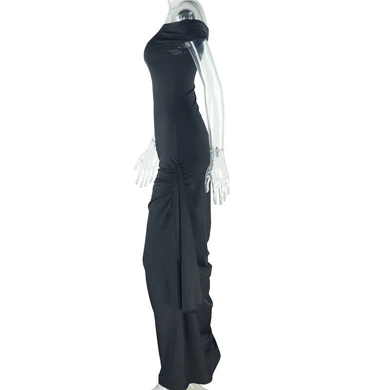 Women's Solid Color Slash Shoulder Casual Ribbon Long Dress 7