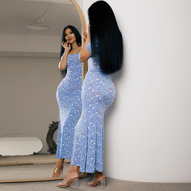 Women's Summer Print Round Neck Short Sleeve Slim Waist Slim Fit Bodycon Dress 4