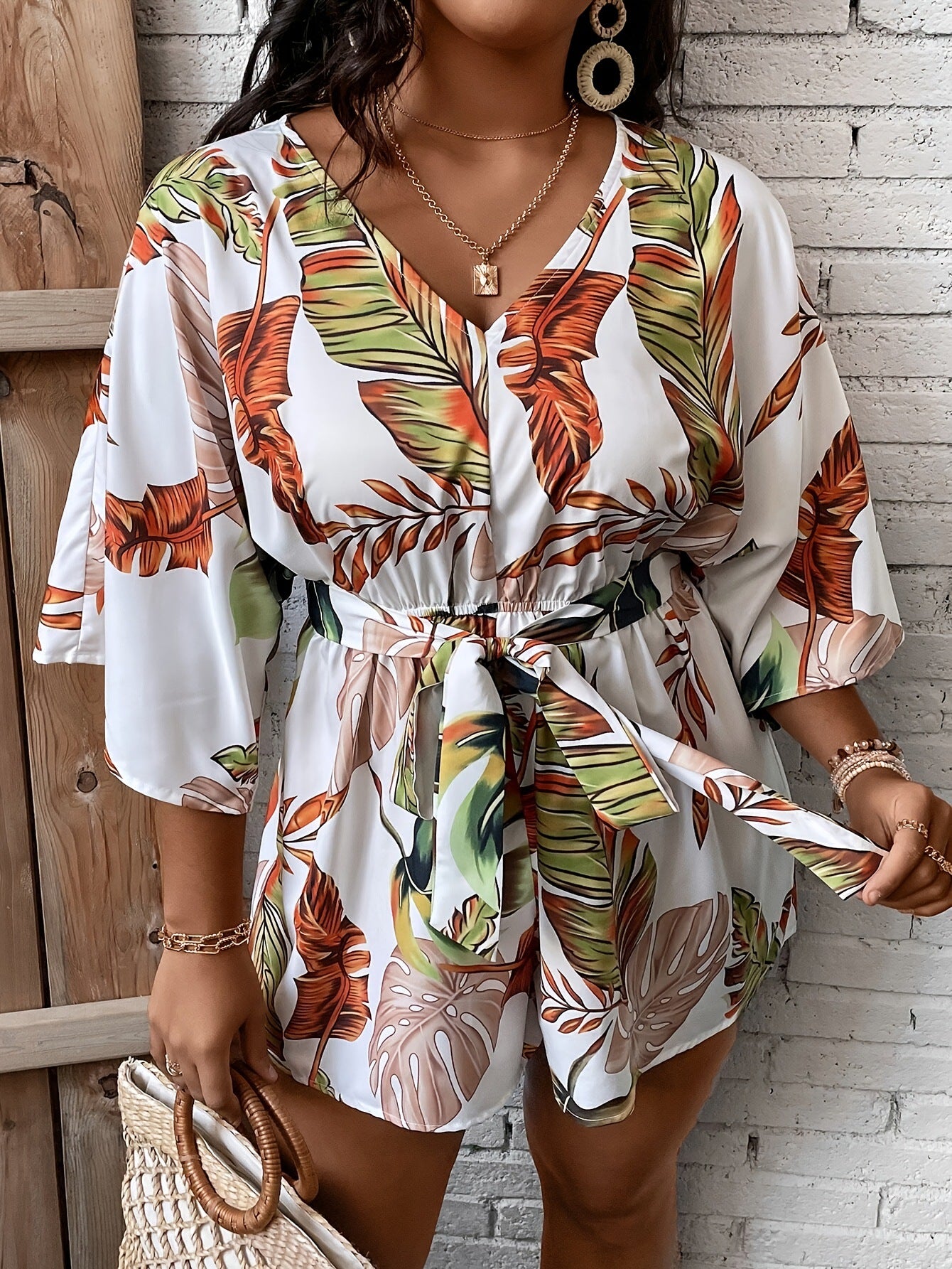 Autumn Sexy V-Neck Bat Sleeves Belt Printed Loose Plus Size Jumpsuit 4