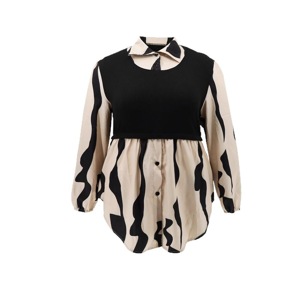 Women Spring Turndown Collar Black and White Patchwork Turndown Collar Wave Long Sleeve Shirt 6