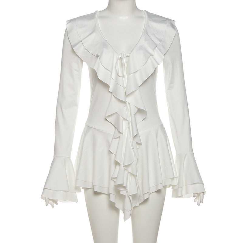 Women's Autumn Solid Color Fashion V-Neck Bell Sleeve Slim Waist Ruffle Hem Dress 10