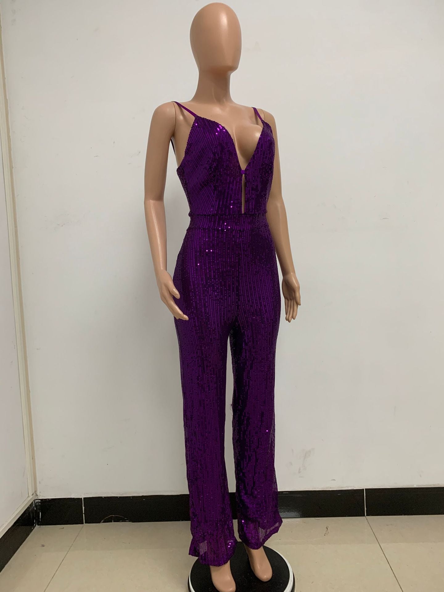 Deep V Neck Low Back Sleeveless Chic Sequined Straps Elegant Women's Party Jumpsuit 103