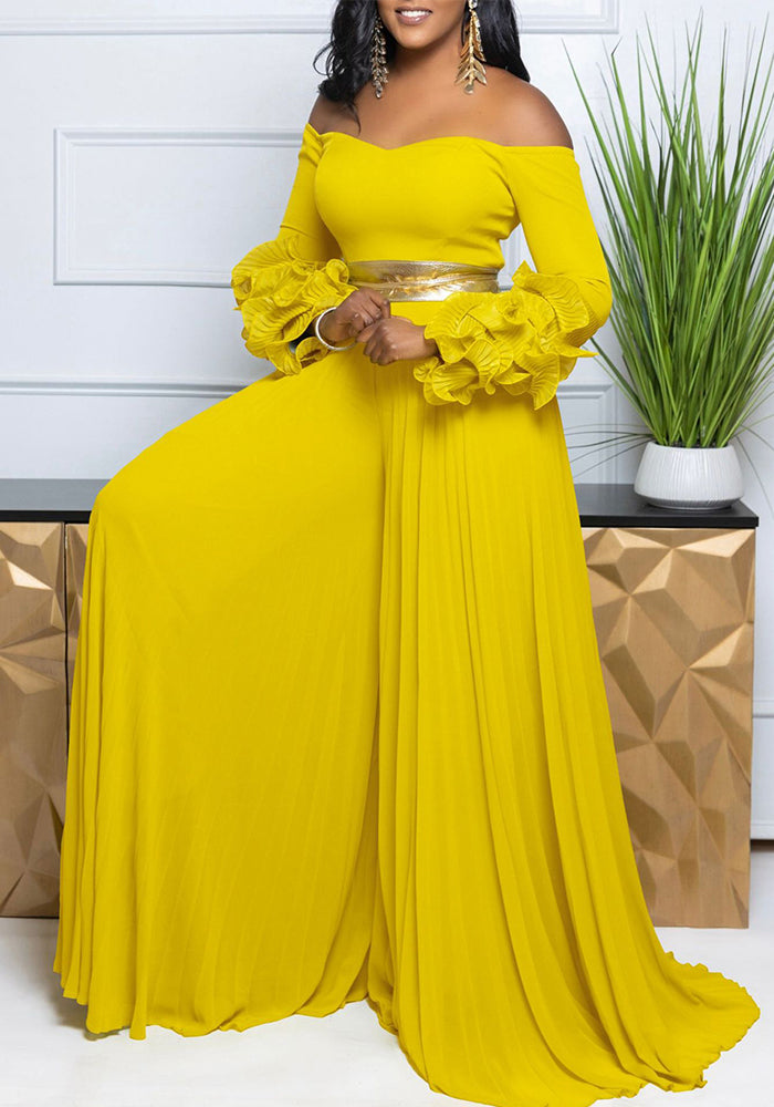 Women Off Shoulder ruffle sleeve solid pleated wide-leg jumpsuit