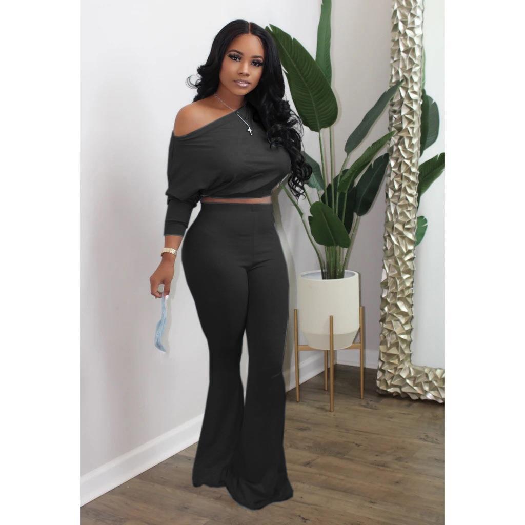 Women's Casual Bat Long-Sleeved Top Bell Bottom Pants Two-Piece Set 9