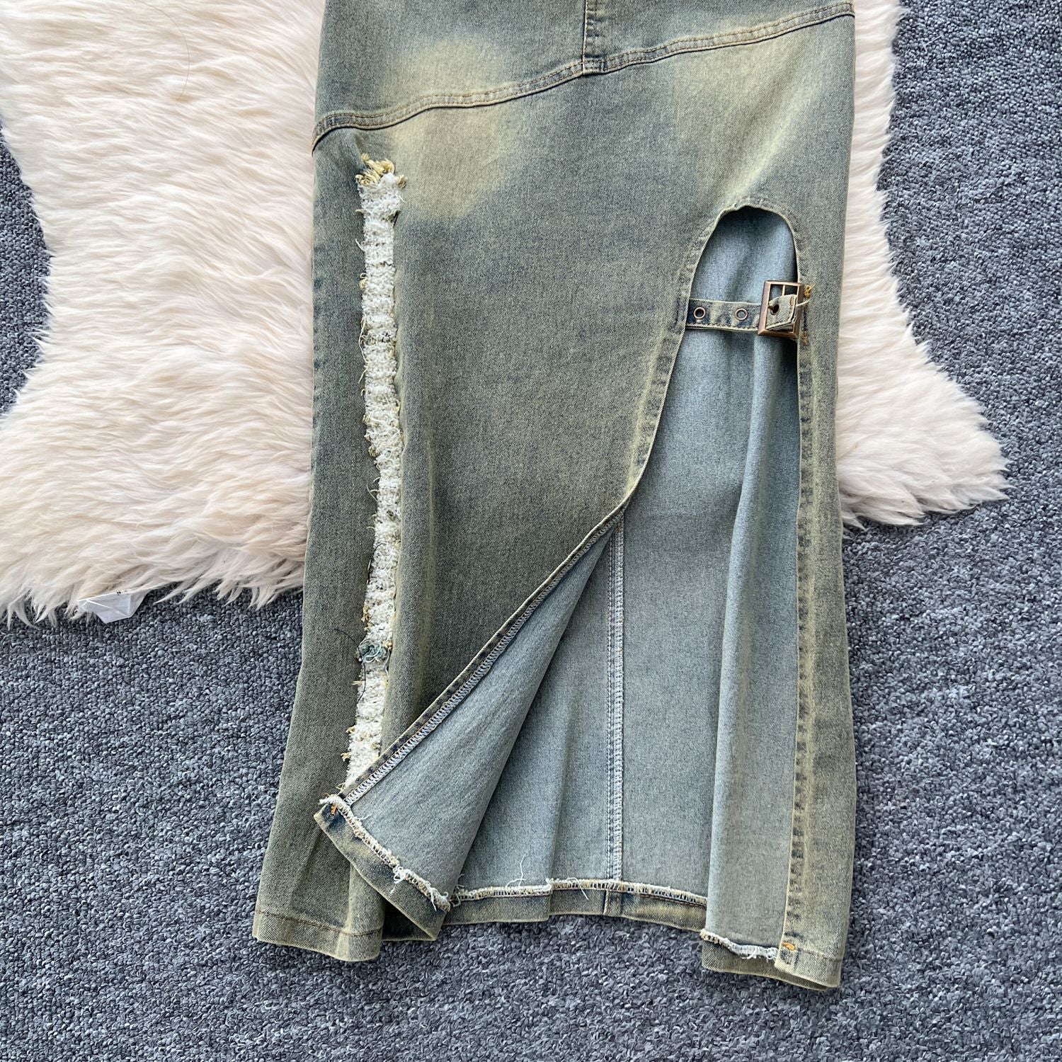 Turn Down Collar Distressed Denim Halter Top Slit Skirt Set 23